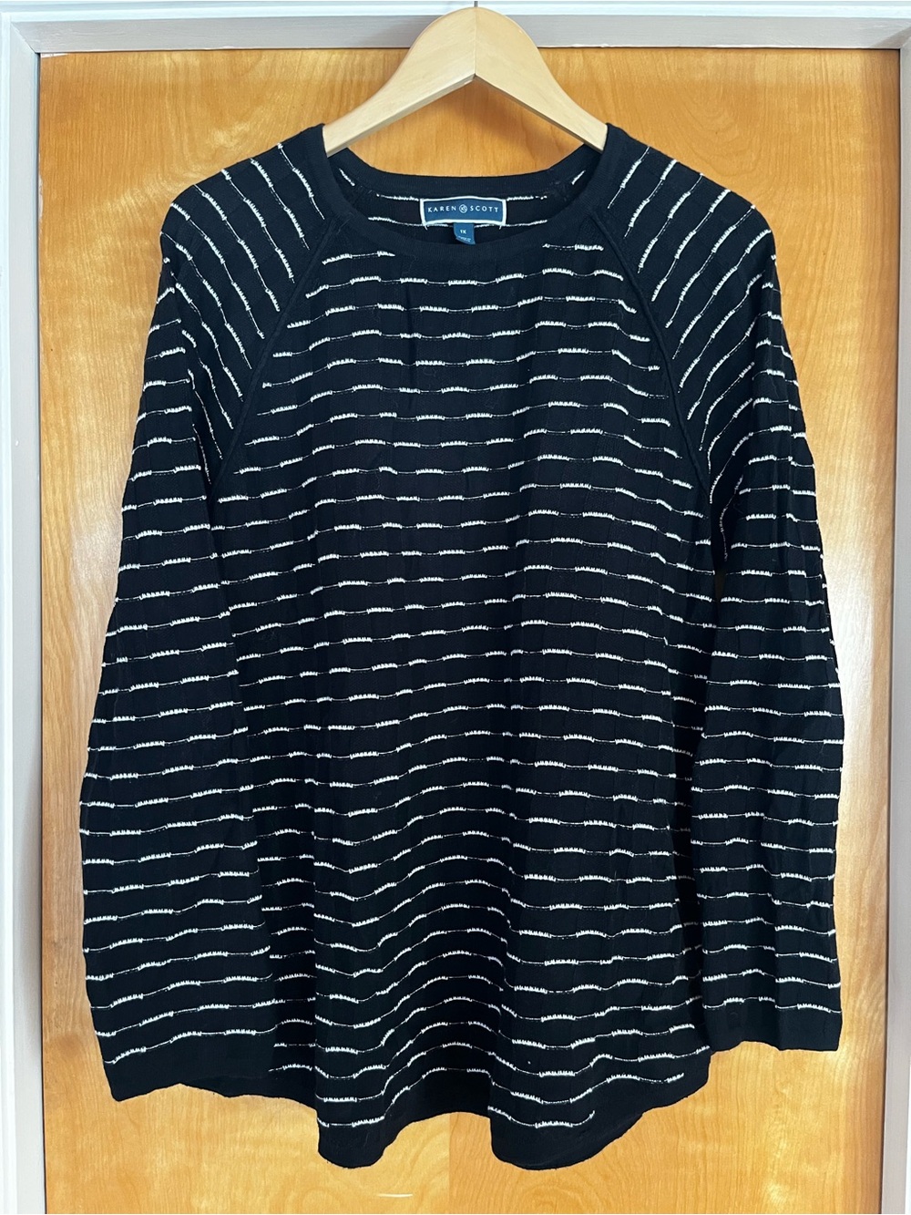 Karen Scott Black Crewneck Sweater with White Stripes